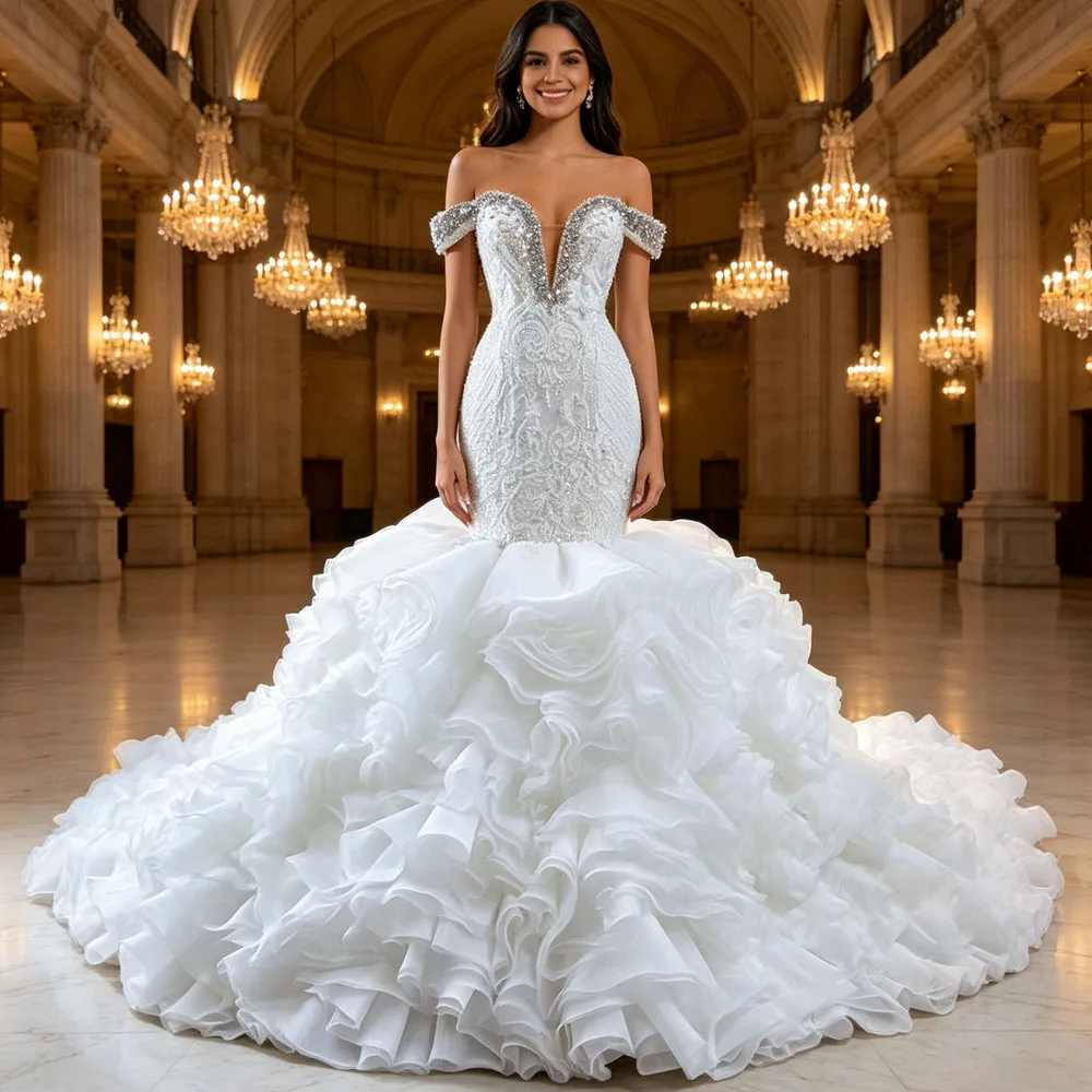 Charming Wedding Dress Sweetheart Off Shoulder Lace Up Back Crystal Beading Ruffles Vestido De Casamento