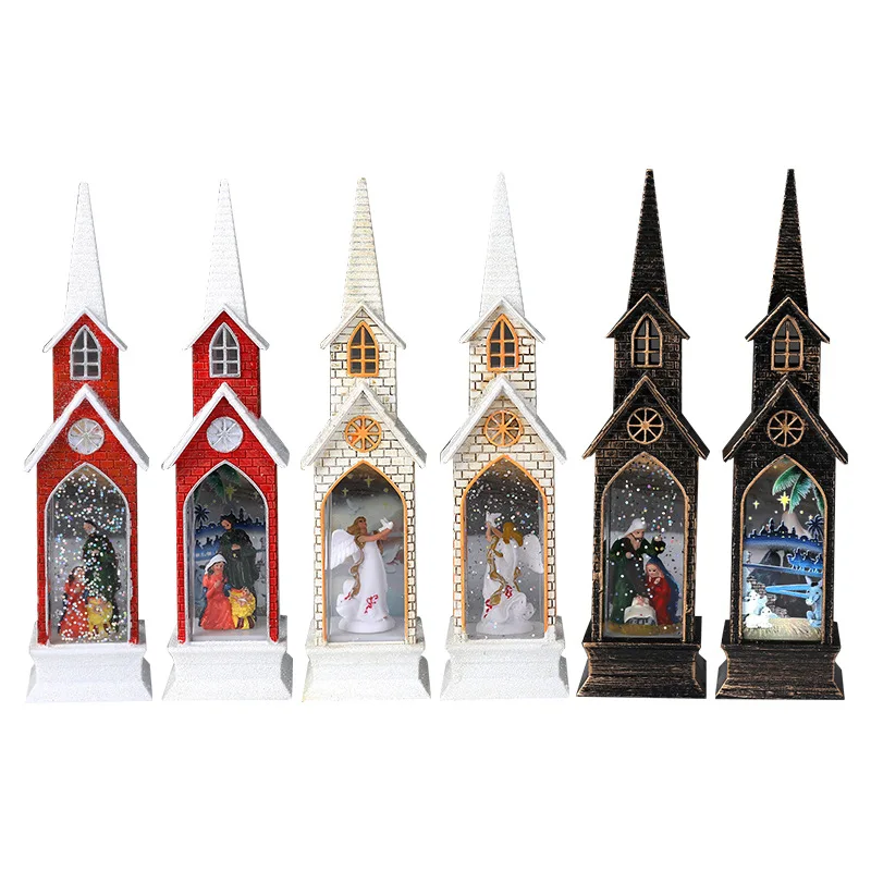 New LED Christmas lighting gliter Jesuit Church shaped small wind lamp tabletop decor angel christmas decorations for home