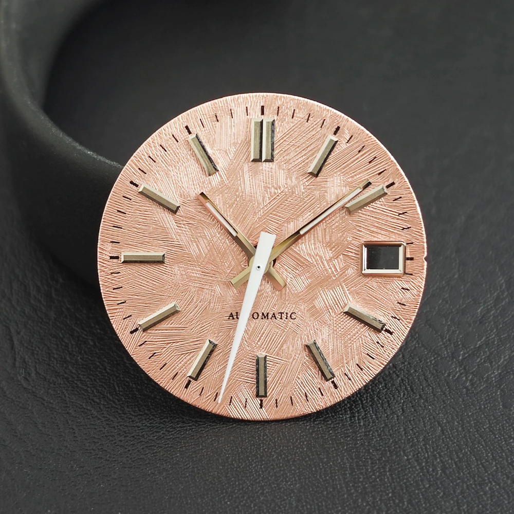 28.5mm Fine Grain Textured Pink Gold Green Watch Face Non-Luminous No Logo Fit NH35 Movement Single Date Dial Watch Mod Repair