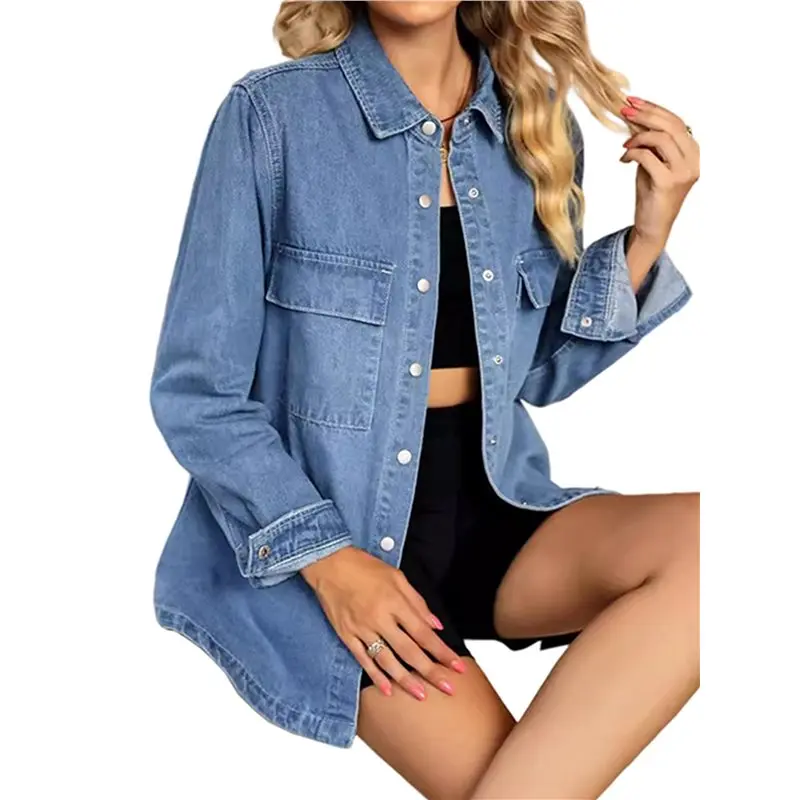 Giacca di jeans oversize da donna Camicie di jeans casual a maniche lunghe Giacca di jeans Distresse Abiti autunnali-LICG