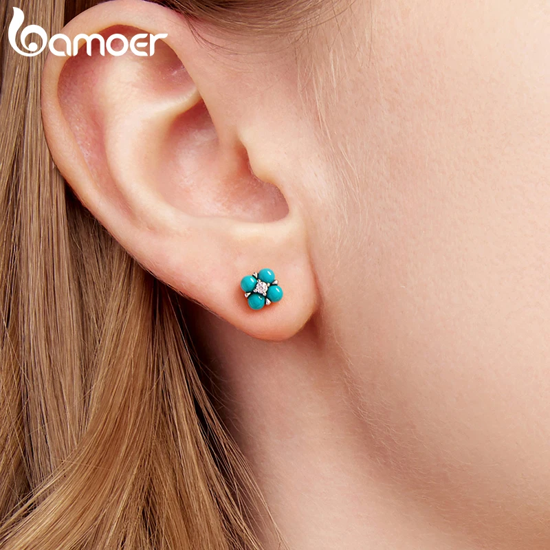 

Женские серьги-гвоздики Bamoer, серьги-гвоздики из стерлингового серебра 925 пробы с бирюзой, изящный синий цветок, кубический цирконий, клевер, подарки на день рождения