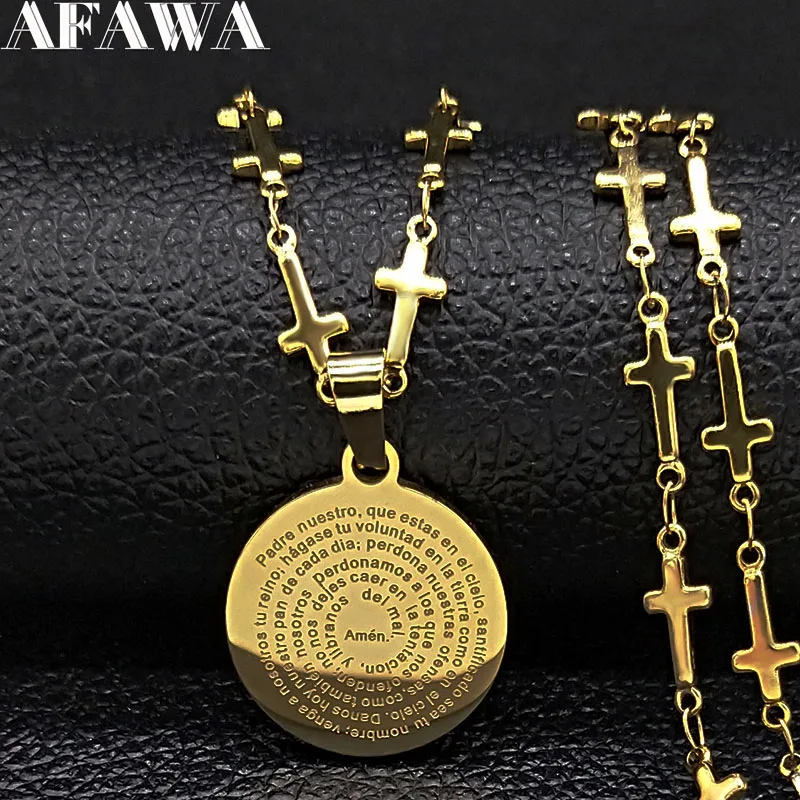 Catholic Spanish Bible Cross Stainless Steel Pendant Necklace for Women Men Lord's Prayer Scripture Chain Jewerly N7912S02