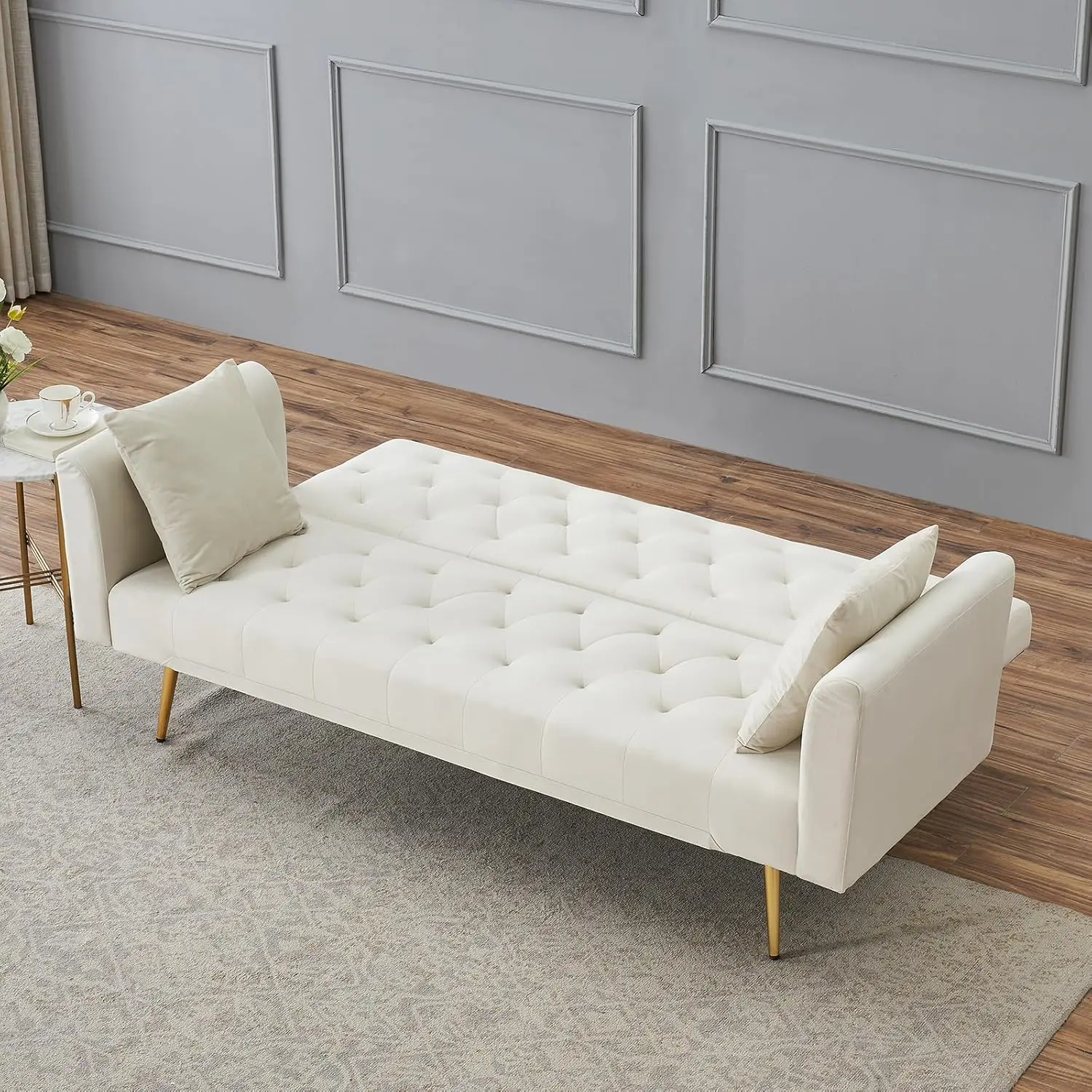 أريكة سرير مخملية حديثة مقاس 71 بوصة أريكة نوم قابلة للتحويل مع مسند ظهر قابل للتعديل معنقدة كرسي Loveseat مع كروم ذهبي