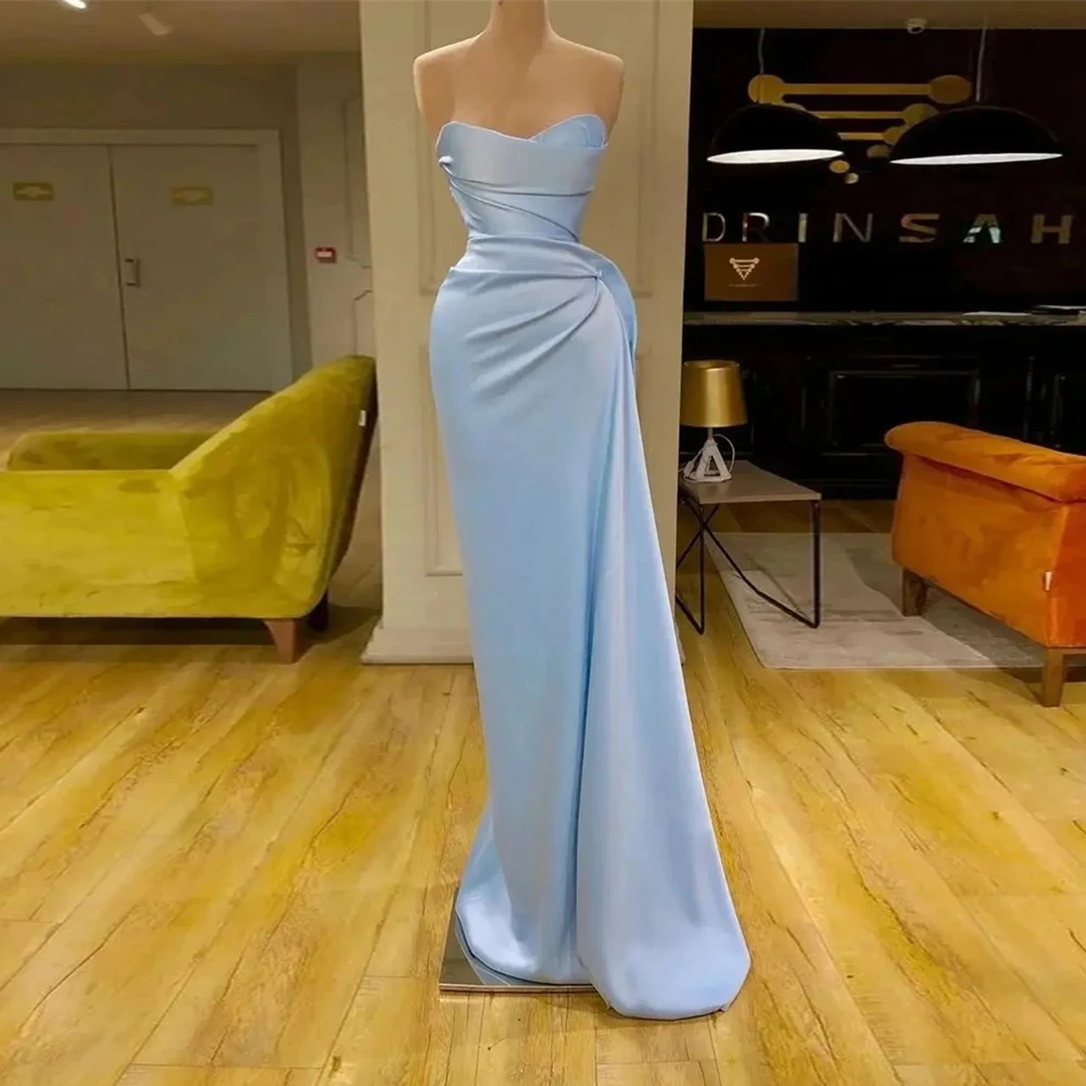 

Elegant Light Blue Sweetheart Prom Dresses Strapless Pleated Evening Dress Sleeveless Floor Length Party Gowns Vestidos De Noche