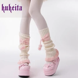 Kukeita Harajuku Y2k Women Knitted Leg Warmer Socks Japanese Lolita Sweet Pink Bow Ruffles Leg Cover Kawaii JK Warm Boots Socks