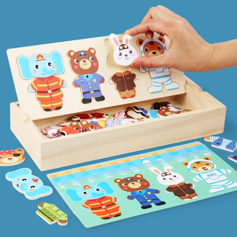 Wooden dress up Montessori toy animal bear change clothes table game box match game dress up children's travel set