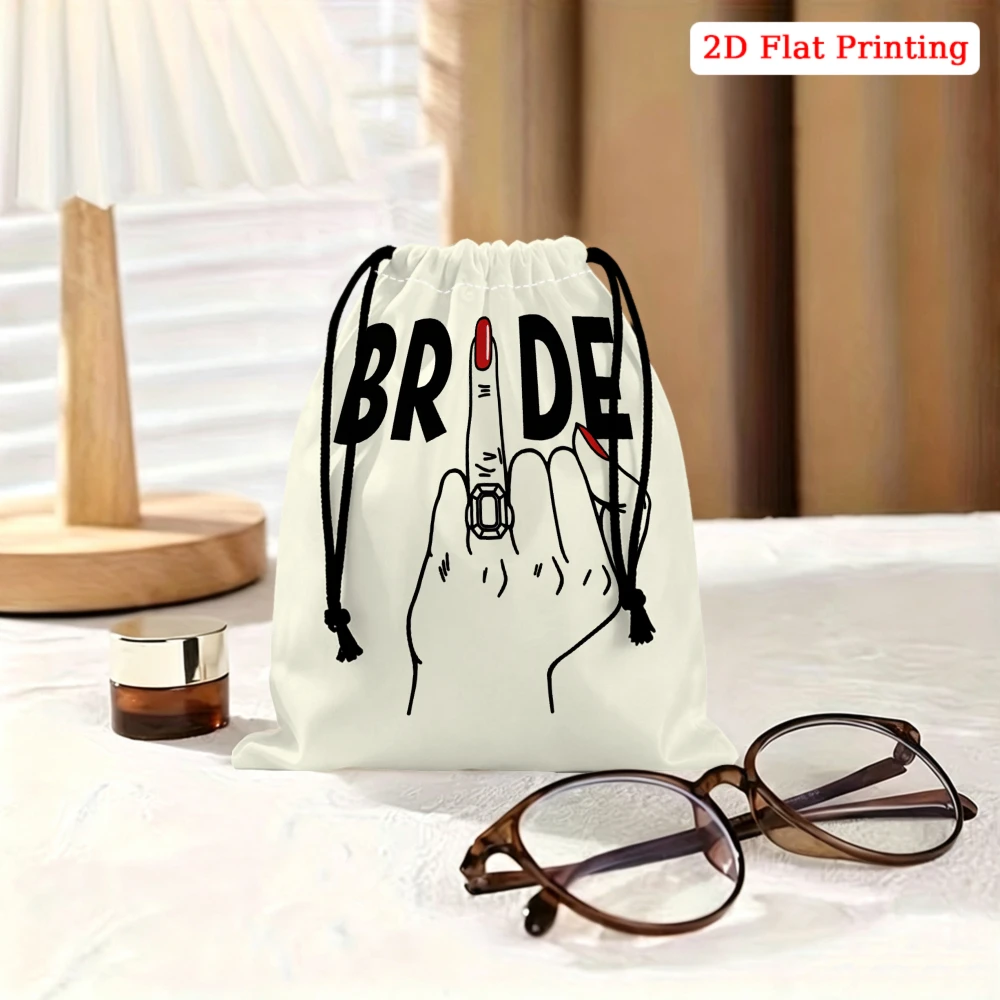 1pc Fashion Drawstring Bag White Bride Middle Finger Graphic Print Storage Small Pouch For Wedding Party Favor Jewelry Organizer