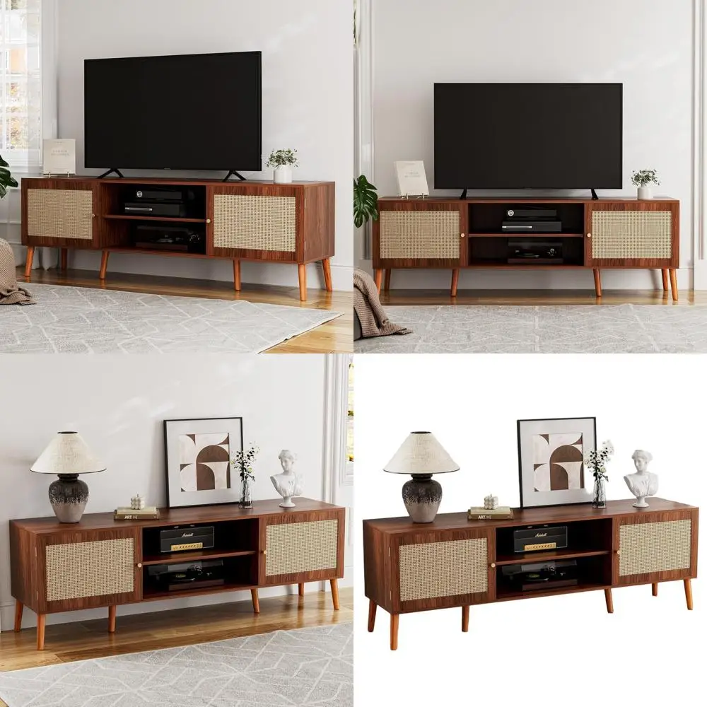 

Подставка для телевизора 65, развлекательный центр с дверцами из ротанга, полками и шкафами, медиаконсоль в стиле бохо из орехо