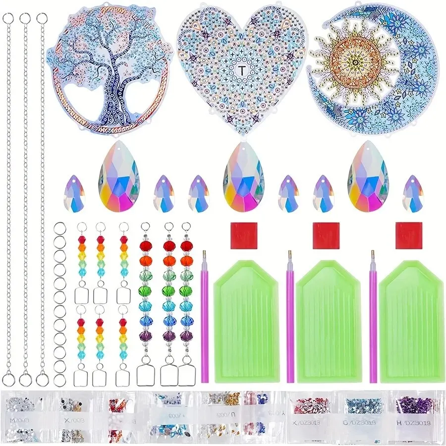 1, akrylowe, dwustronne, Super Flash, kryształowe, diamentowe malowanie, nakładki dekoracje, słońce, księżyc, serce, wzór drzewa, DIY dzwonki