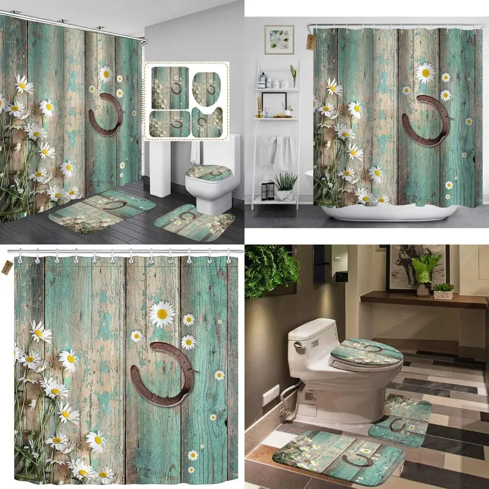 

western-style shower curtain set: white daisy floral with horseshoe, teal and barnwood accents for rustic farmhouse bathroom de