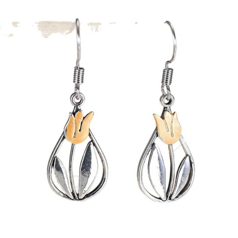 2026 European and American Countryside Style Tulip Earrings with Antique Texture, Hollowed Out Flower Leaves and Accessories