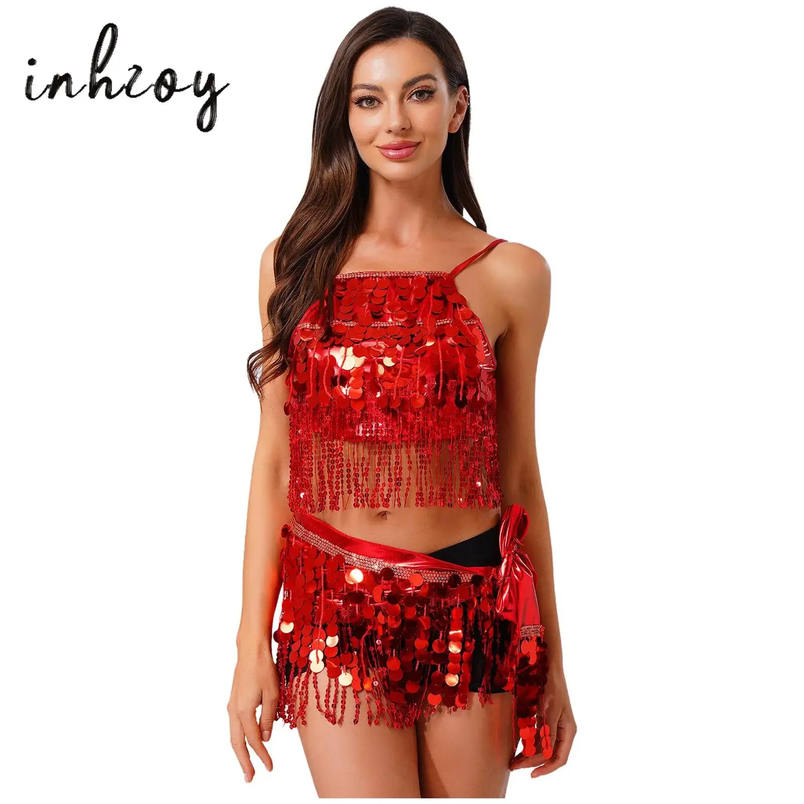 

Womens Belly Dance Outfit Metallic Shiny Sequin Tassel Fringe Backless Sling Crop Top and Lace-up Hip Scarf Waist Chain Skirt