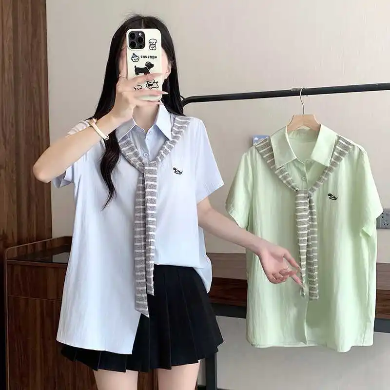 Casual Preppy Style Apparels plus Size Women's Shirt Look Two-Piece Top Polyester Fabric Short Sleeve Polo Collar Comfortable...