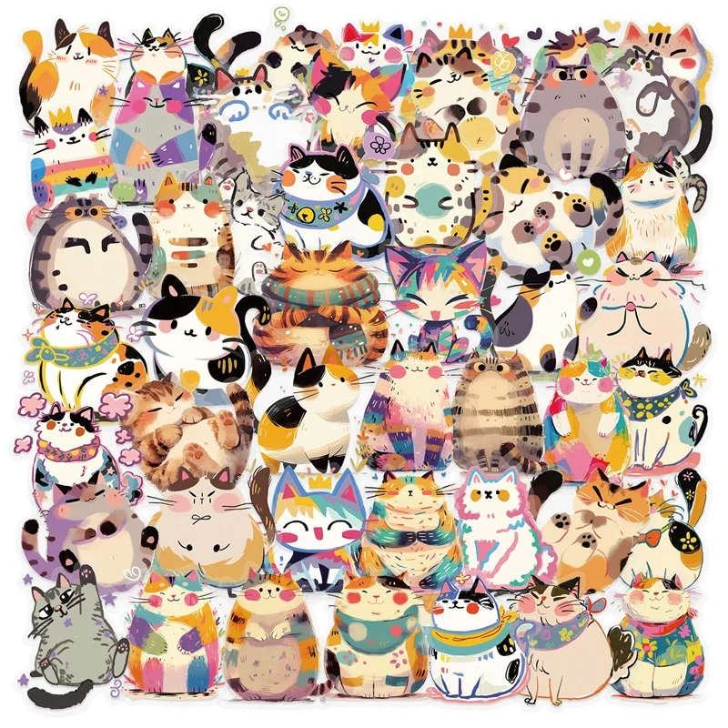 

50PCS Kawaii Color Art Cat PET Sticker Aesthetic Transparent Decoration Scrapbooking DIY Hand Accounting Supplies for Kids