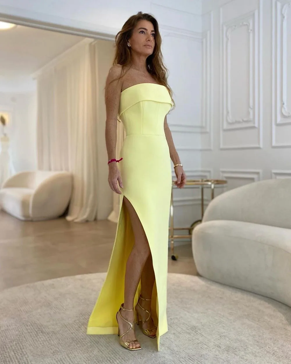 Msikoods Yellow Satin Prom Dress Simple Woman Wedding Party Dress Customized Floor-length Side Split Elegant Evening Dress Women