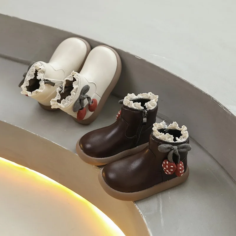 

Новые зимние ботильоны для девочек, милые кружевные модные детские хлопковые сапоги принцессы, повседневные детские платья, плюшевые сапоги для свадебной вечеринки