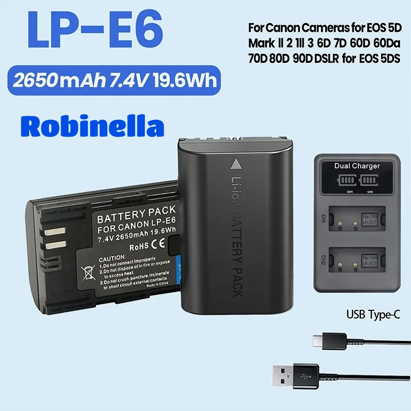 LP-E6 2650mAh 7.4V Battery or LED Dual Charger For Canon Cameras for EOS 5DMark ll 2 Ill 3 6D 7D 60D 60Da70D 80D 90D  5DS R XC10