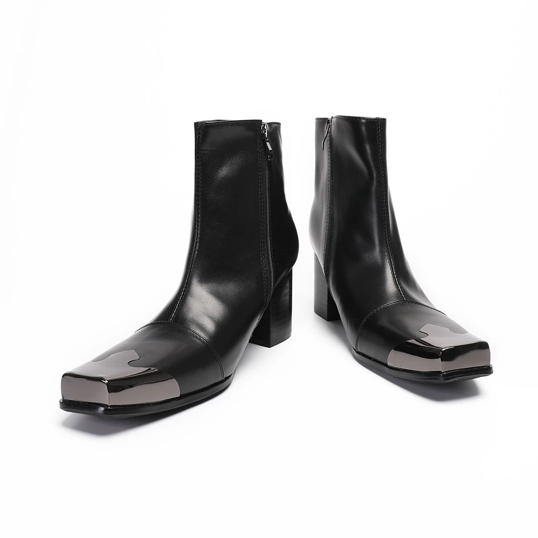 Autumn Black  Genuine Leather Men's boots Chelsea Fashion High quality solid leather metal square toe shoes man Dress Boots