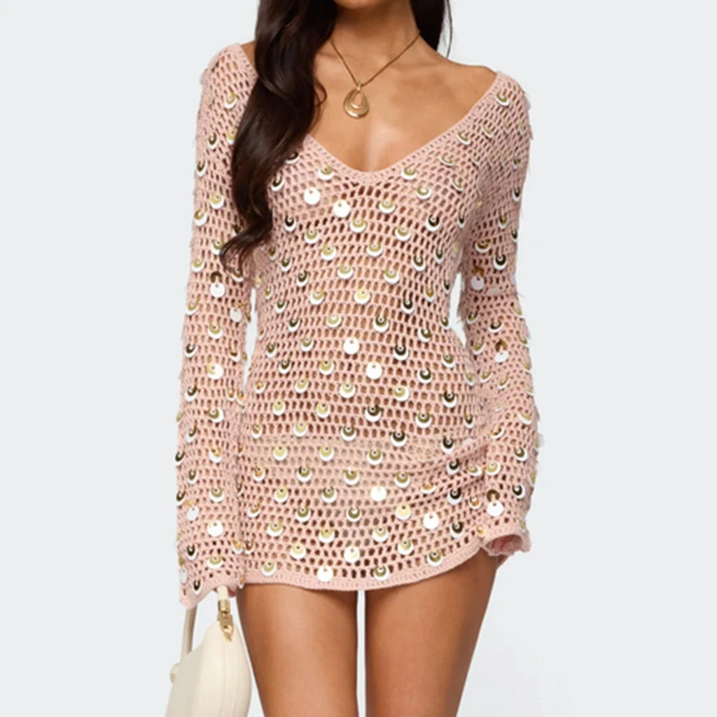 2025 feminino verão oco para fora lantejoulas cocktail mini vestido de manga longa decote em v profundo malha recorte acima do joelho vestidos