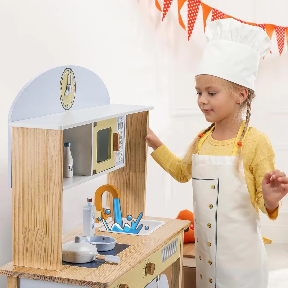 Juego de cocina para niños de 3 a 8 años, juego de simulación de madera, accesorios de cocina, Dimensiones: 38 "H x 31" W x 12 "D