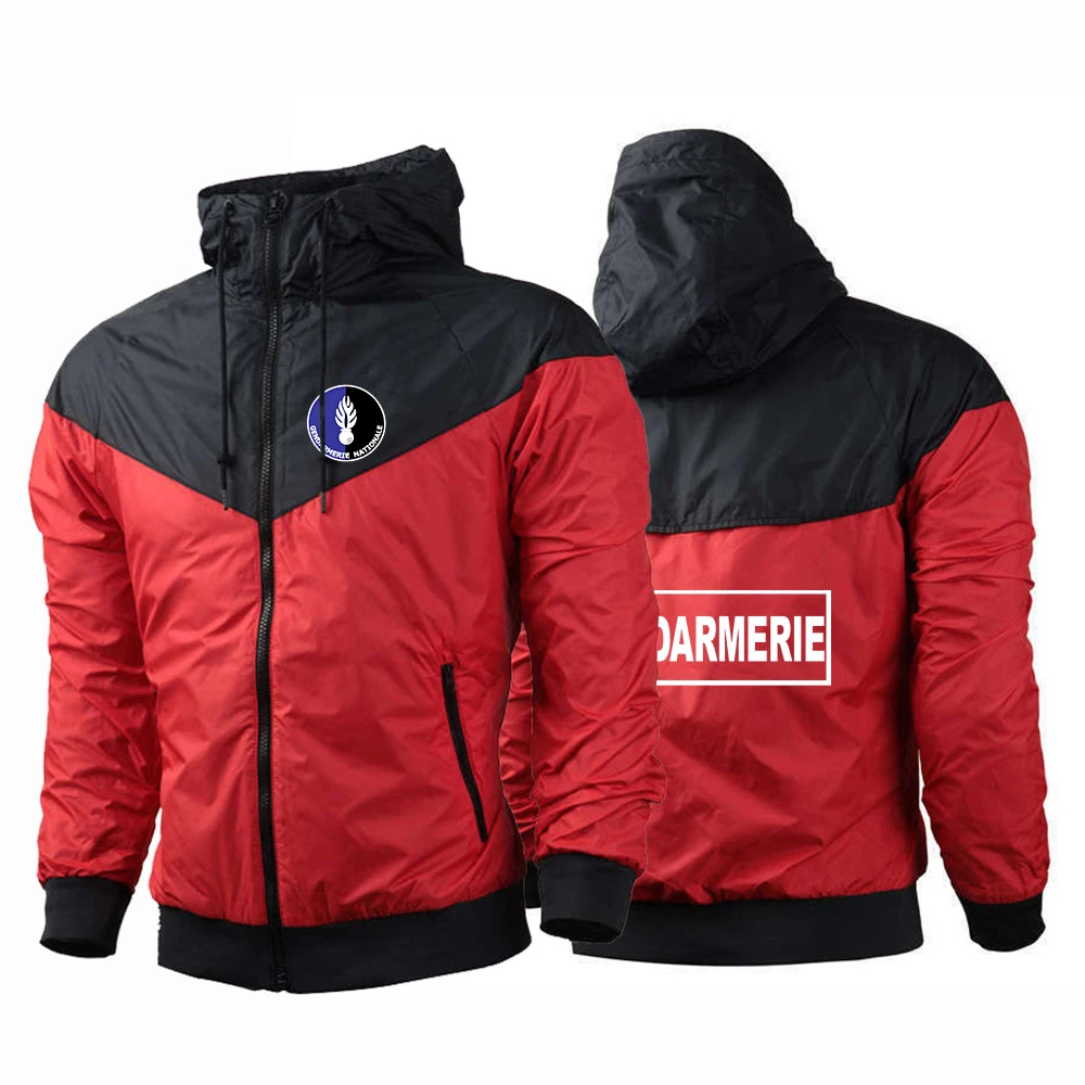 2025 Spring Autumn French Gendarmerie Logo Printed Patchwork Solid Color Casual Coat Men's Popular Thin Breathable Hooded Jacket