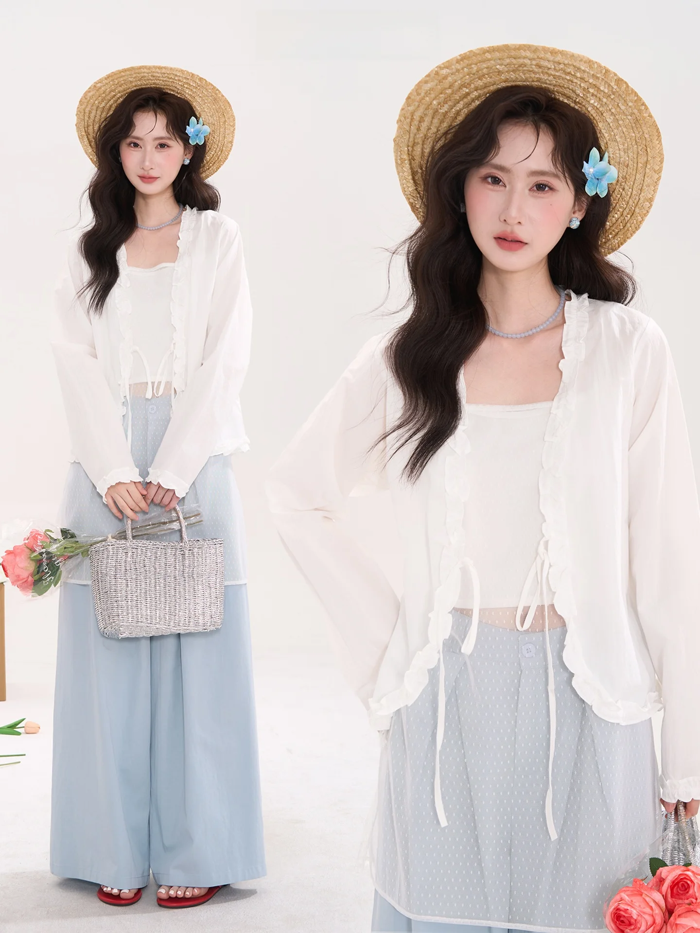 

Корейский женский кардиган с длинными рукавами, защитой от солнца, с оборками и завязками, синий, цвет молочного желе, весна-лето