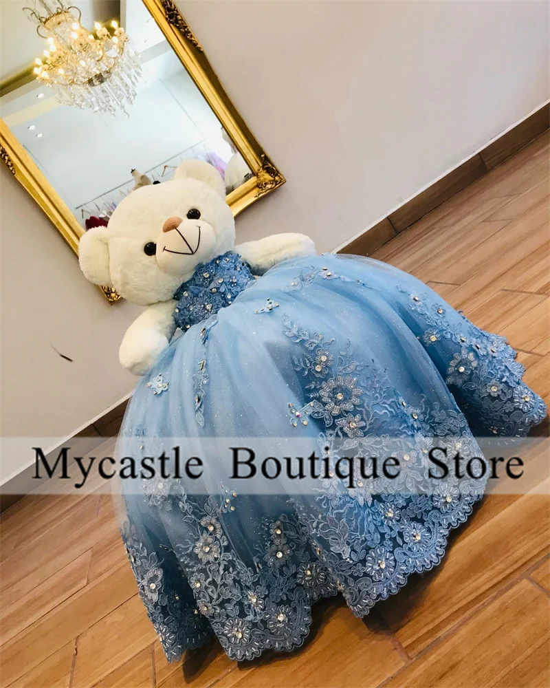 Sky Blue Lace Quinceanera Teddy Bear Dress 2024 Luxury Applique Mini Quinceanera Dress Customized