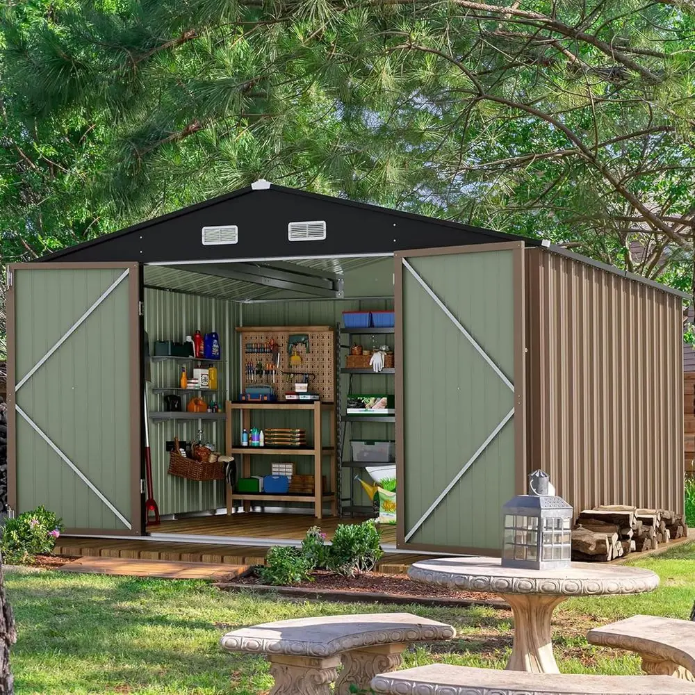10 x 8 T Outdoor Storage Shed, Metal Garden Sheds & Outdoor Storage Clearance, Large Tool Shed Outdoor with Single Lockable Door