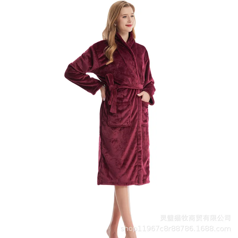 nightgown men and women autumn and winter coral fleece bathrobe pajamas autumn and winter loungewear yukata cross-border