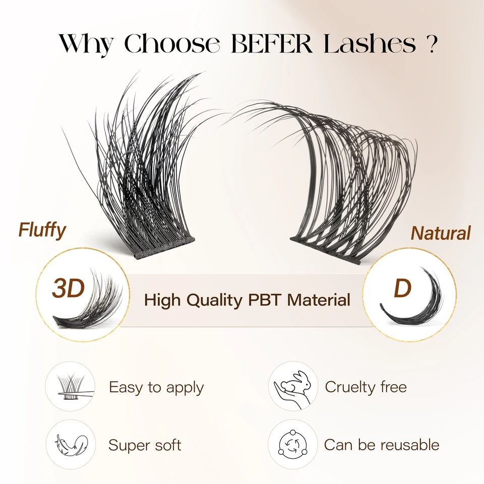 BEFER racimos de pestañas curva D, extensión DIY, esponjosos, volumen, individuales, naturales, postizos 2