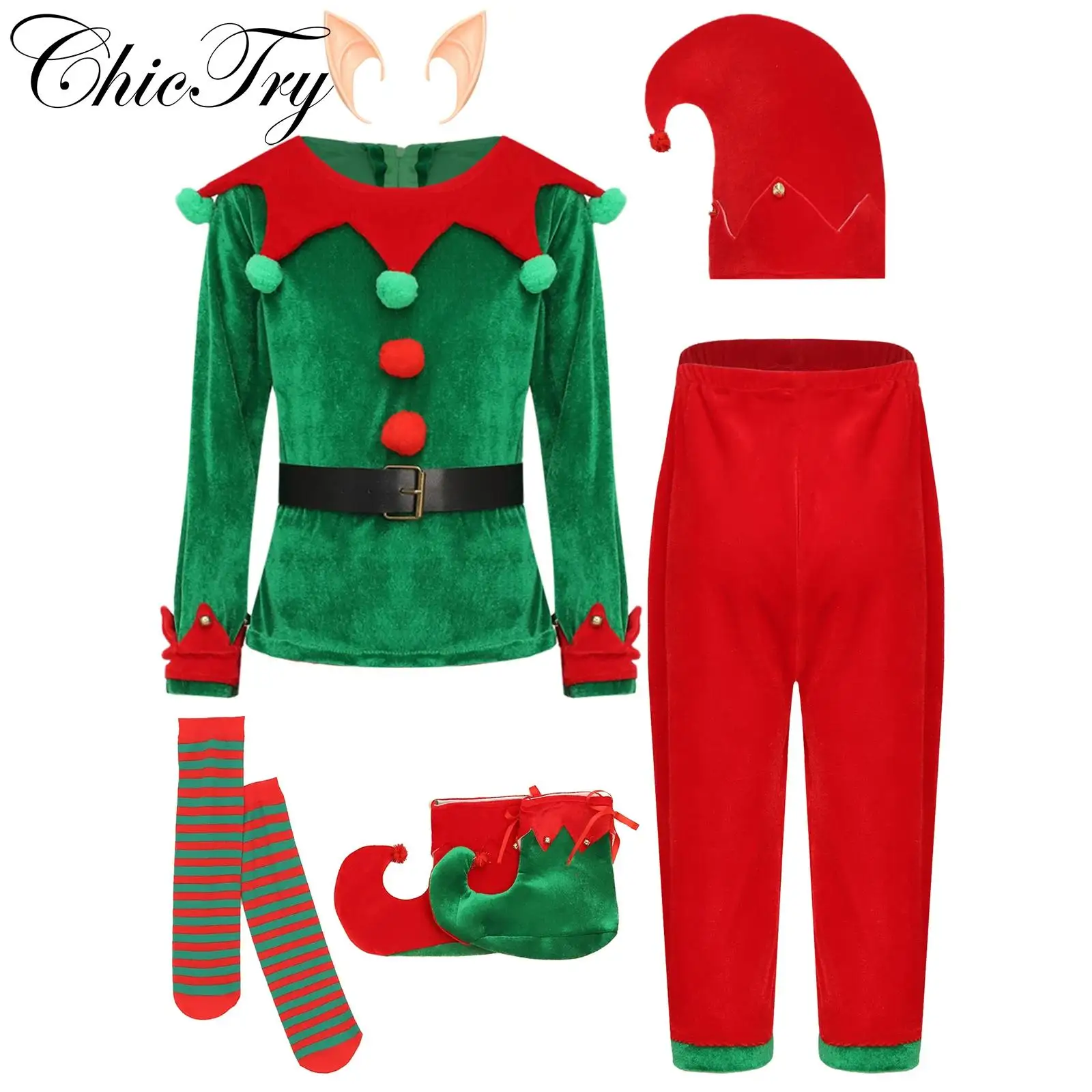 Kinderen Kerst Elf Verkleedkostuum Jongens Meisjes Santas Helper Cosplay Sets 7-delige Outfit Top met Broek Hoed Kousen