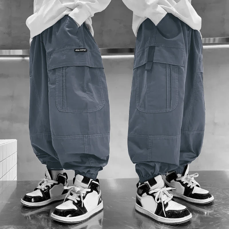 2025 New Spring Autumn Teen Boys Cargo Pants Loose Casual Trousers Pockets Design Trendy Cool Streetwear Pants For 5-14Y Kids