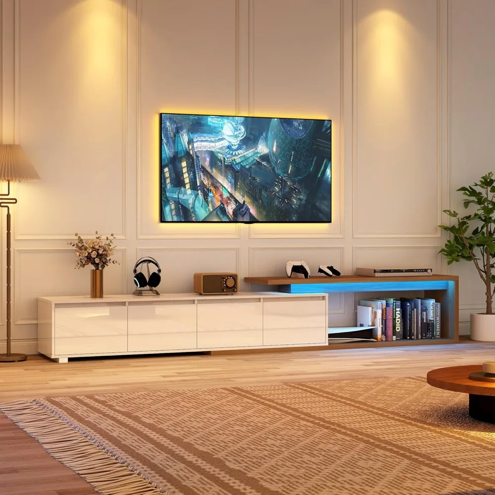 

Extendable TV Stand with LED Light, Modern Entertainment Center for up to 120 Inch TV, 75"-110", Wood TV Media Console
