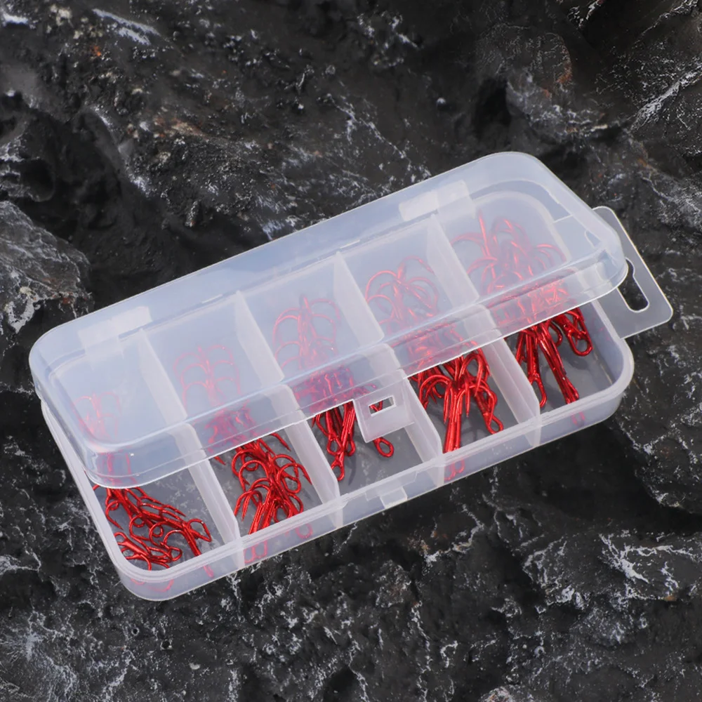 50Pcs Box High Carbon Steel Treble Fishing Hooks 2# 4# 6# 8# 10# Bent Triple Fishhooks Set Red Anchor Hooks For Sea Fishing image 3