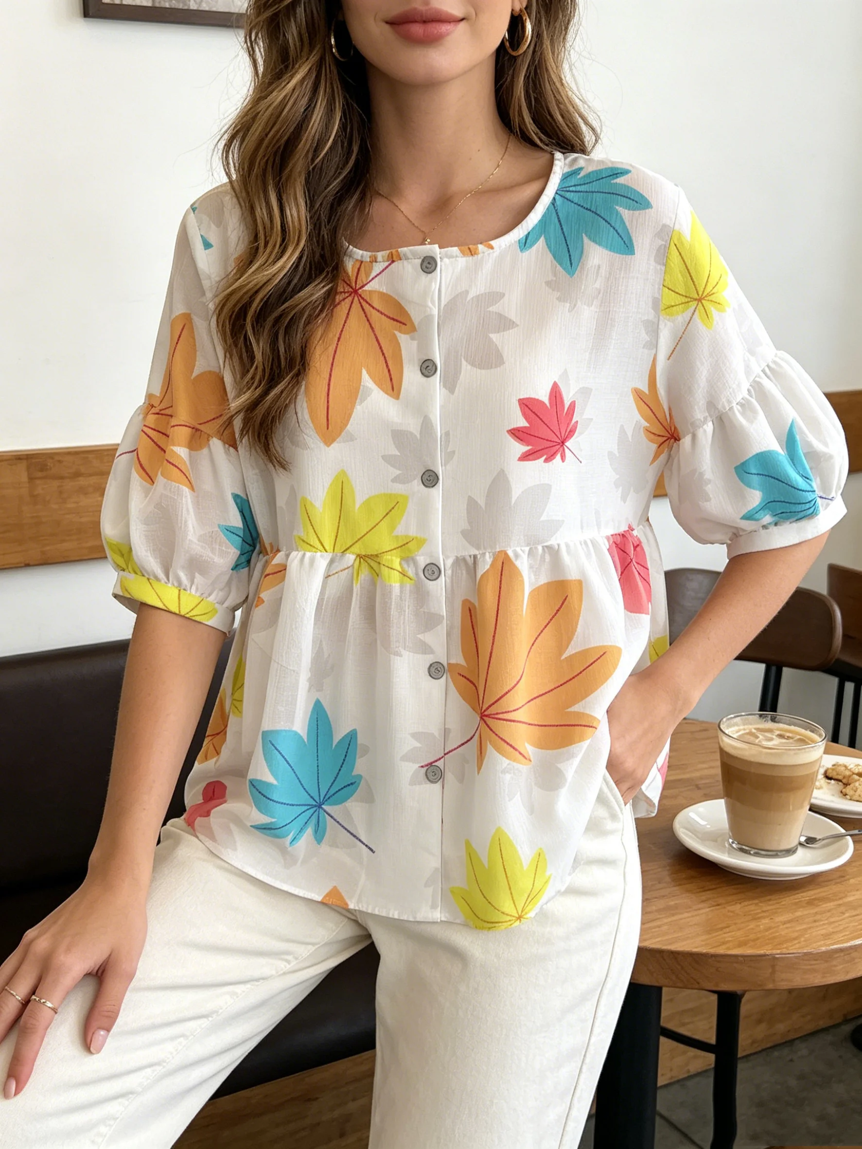 Women Minimal Striped Pattern Babydoll Blouse Crew Neck Front Button Short Puff Sleeve Breathable Loose Top