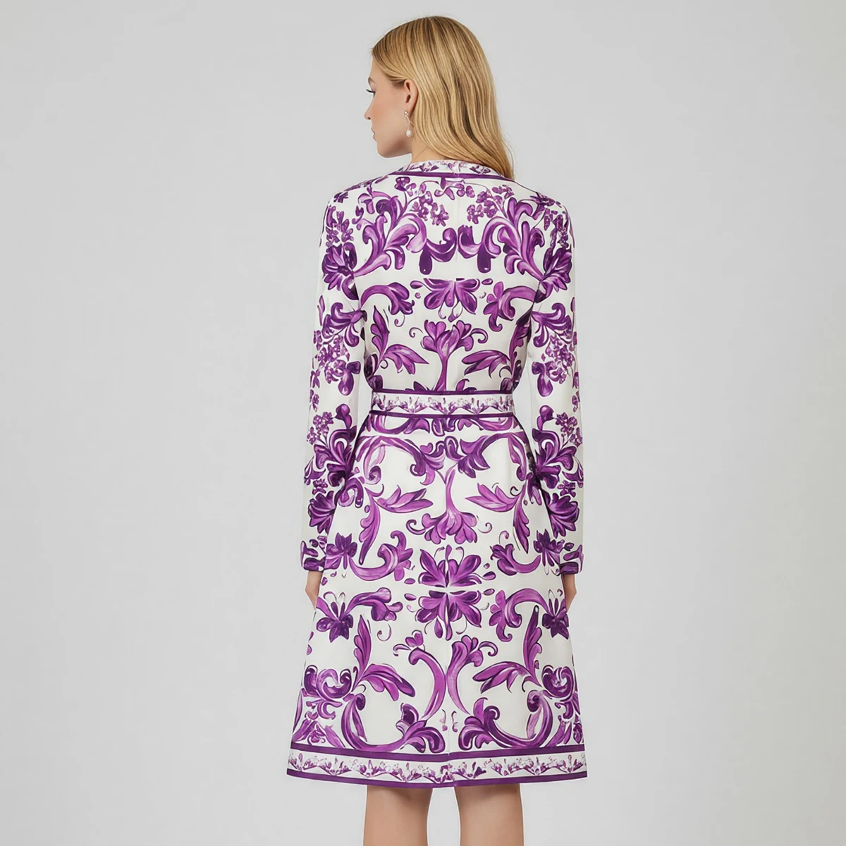 Vestido de manga corta estampado Wein con cintura alta, cuello redondo ajustado, pajarita y falda con pajarita, falda morada, noche de dama de flores