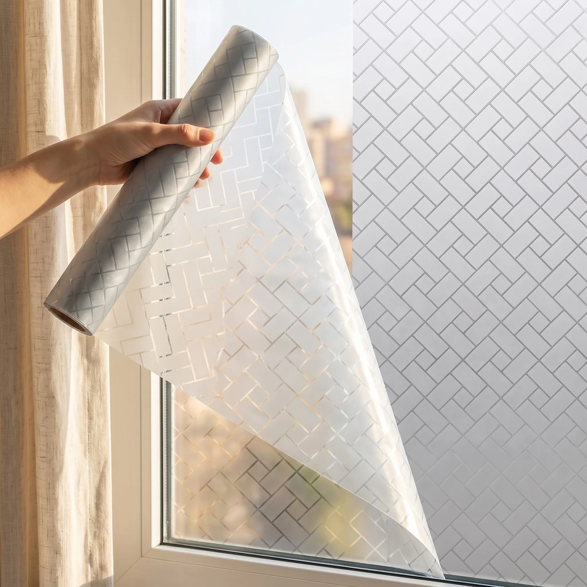 Static Cling No Glue Frosted Window Film Geometric Herringbone Privacy Glass Film, Nordic Woven Decor for Bathroom Bedroom Offic