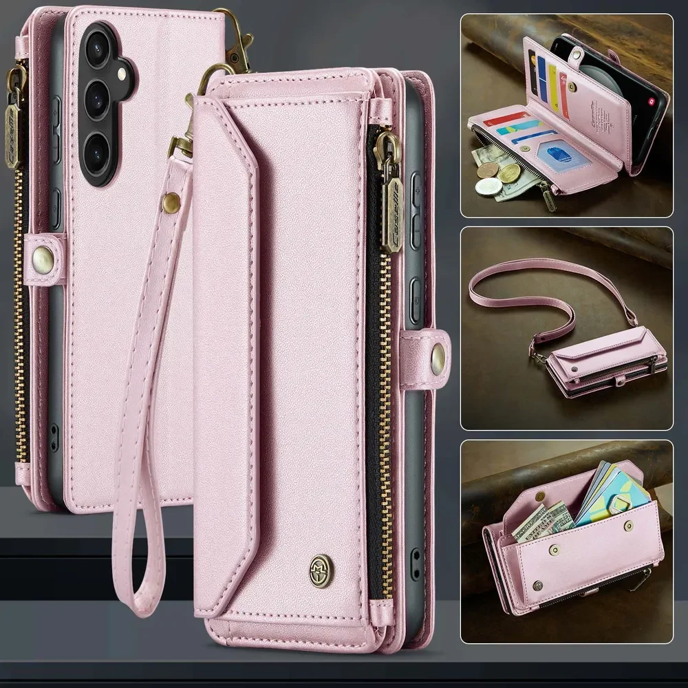 

Lanyard Leather Zip Wallet Card Phone Case For Samsung Galaxy S23 FE Stylish appearance Luxurious Crossbody Cover coque