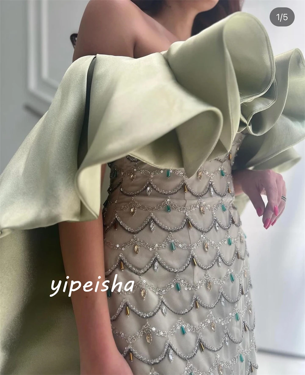 Customized Sparkle Intricate Off-the-shoulder A-line Formal Ocassion Gown Beading Paillette / Sequins Floor length Satin Evening