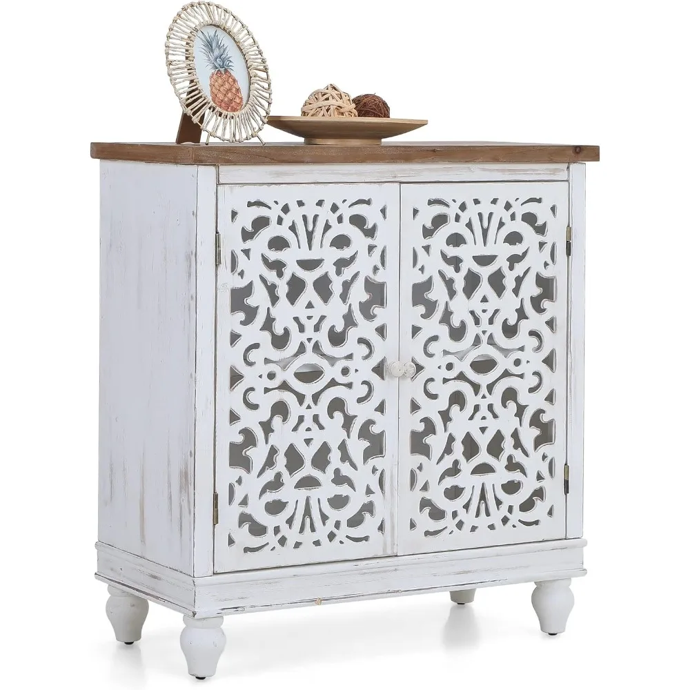 

Accent Storage Cabinet, Distressed Wooden Hollow-Carved Floral Sideboard with 2 Doors, Display Storage Cabinets for Living Room