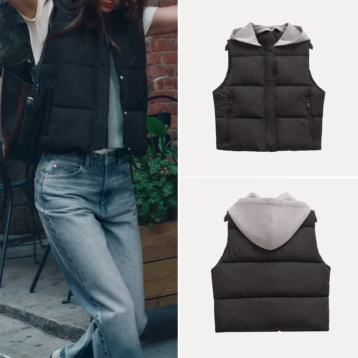 

Новинка осени 202, женский лоскутный жилет с капюшоном на молнии на подкладке, для поездок на работу или длины, цвет, другой материал 00%