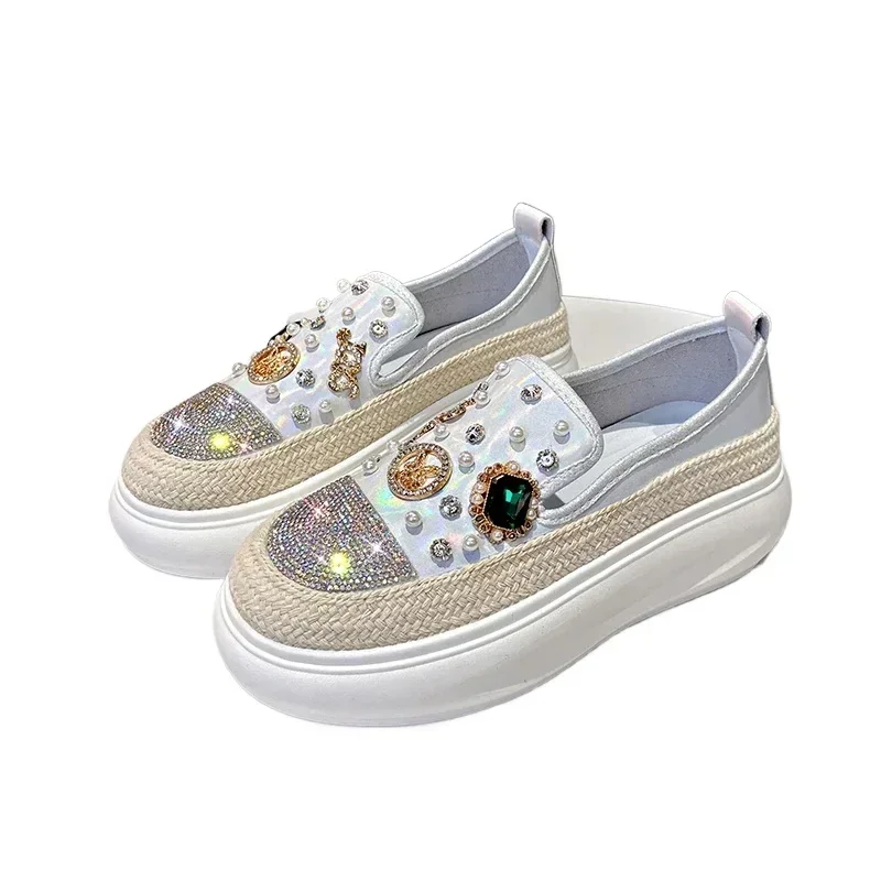 High Appearance Level Thick-soled Increase Breathable Slip-on Rhindiamond-pearl Fashion All Comfortable Non-slip Single Shoes