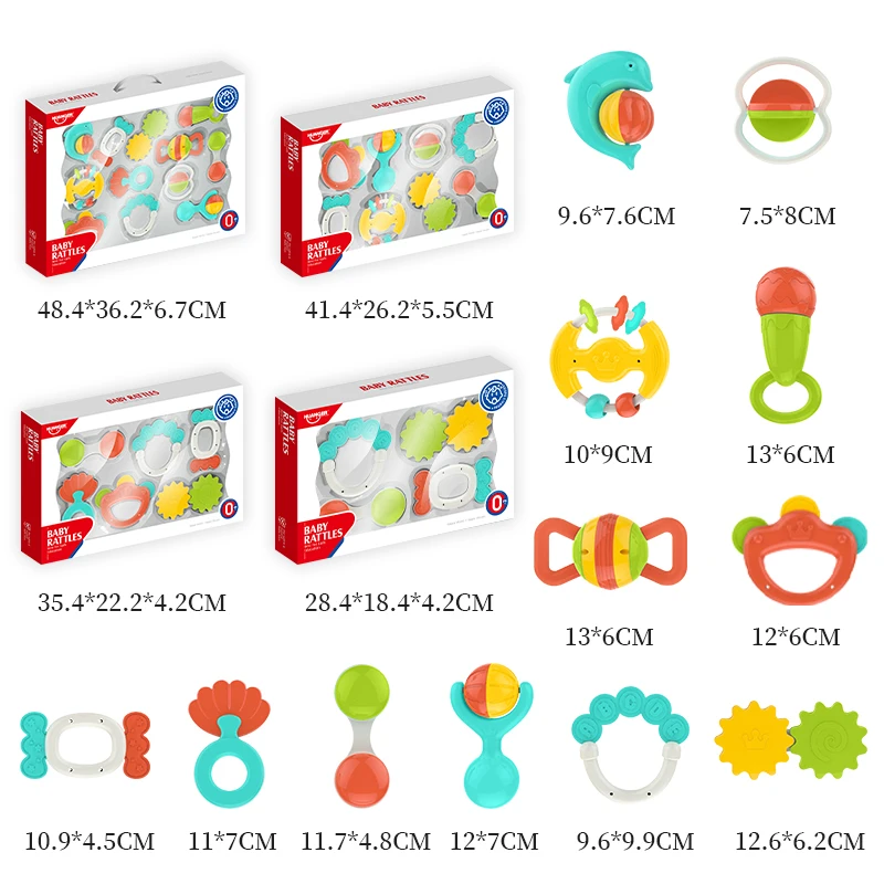 ออกแบบใหม่ 8 ชิ้น OEM ซิลิโคน Hochets ทารกแรกเกิดของเล่น Chocalho Sensory Baby Teething Rattle ของเล่น