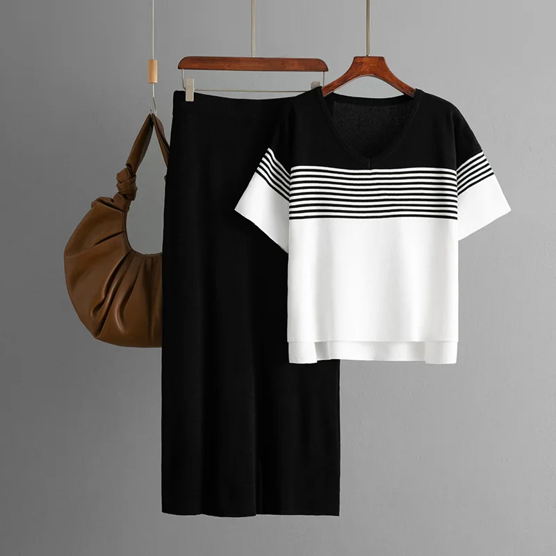 Knit Skirt Sets Women Two Piece V Neck Striped Sweater Elastic Waist Skirts Casual Spliced Knitted Suits Streetwear Lady