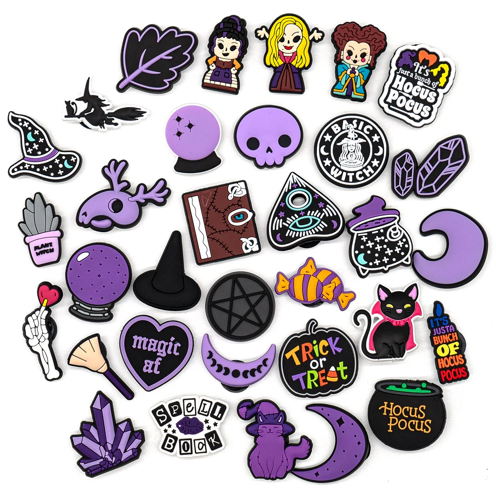 1 Stück Halloween-Schuhanhänger, lila Clog-Zubehör, magische Hexen, Schuhdekorationen, Anstecknadeln für Frauen und Mädchen, Kristall-Energiestein, Geschenk – Detail 1