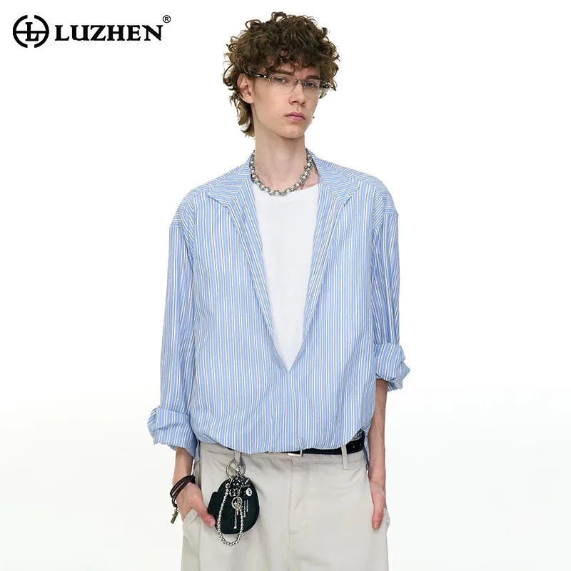 

LUZHEN Original Elegant Big V Neck Stripe Printed Long Sleeve Shirts Men's 2025 New Fashion Handsome Casual Male Clothes JY3565