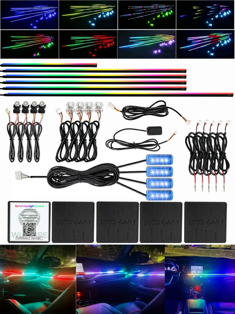 18-in-1 RGB-Symphonie-Auto-Ambientelichter, 64-Farben-Streamer, versteckter Acryl-LED-Streifen, APP-Steuerung, Auto-Innenraum-Atmosphärenlampen-Set