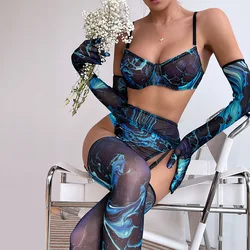 Koltailace Tie Dye Lingerie for Ladies Lace Underwear With Stockings And Gloves New in Women's Sleepwear Transparent Bra Outfits