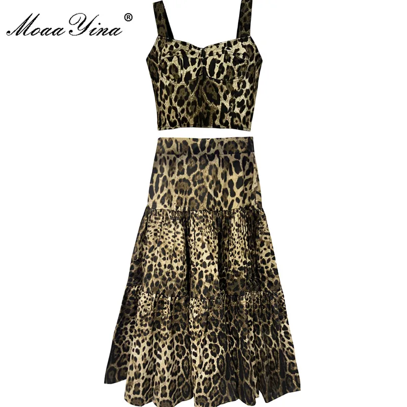 

MoaaYina 2023 Summer Vintage Cotton Skirts Suit Women's Spaghetti Strap Short Top + Fashion Leopard Skirts 2 Pieces Set