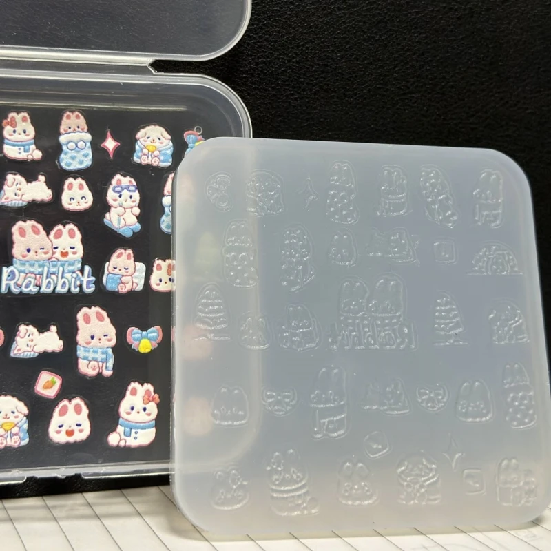 1Pc 3D Silicone Nail Carving Mold With Free Scraper , Kawaii Snow Man Gothic Text Cartoon Rabbit INS Pattern DIY Nail Art